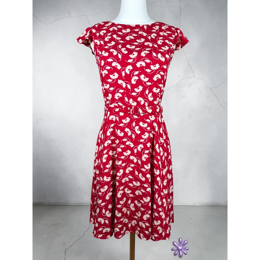 POLO RALPH LAUREN Girls 16 Red Floral Midi Dress Belted Flutter Sleeve Lined